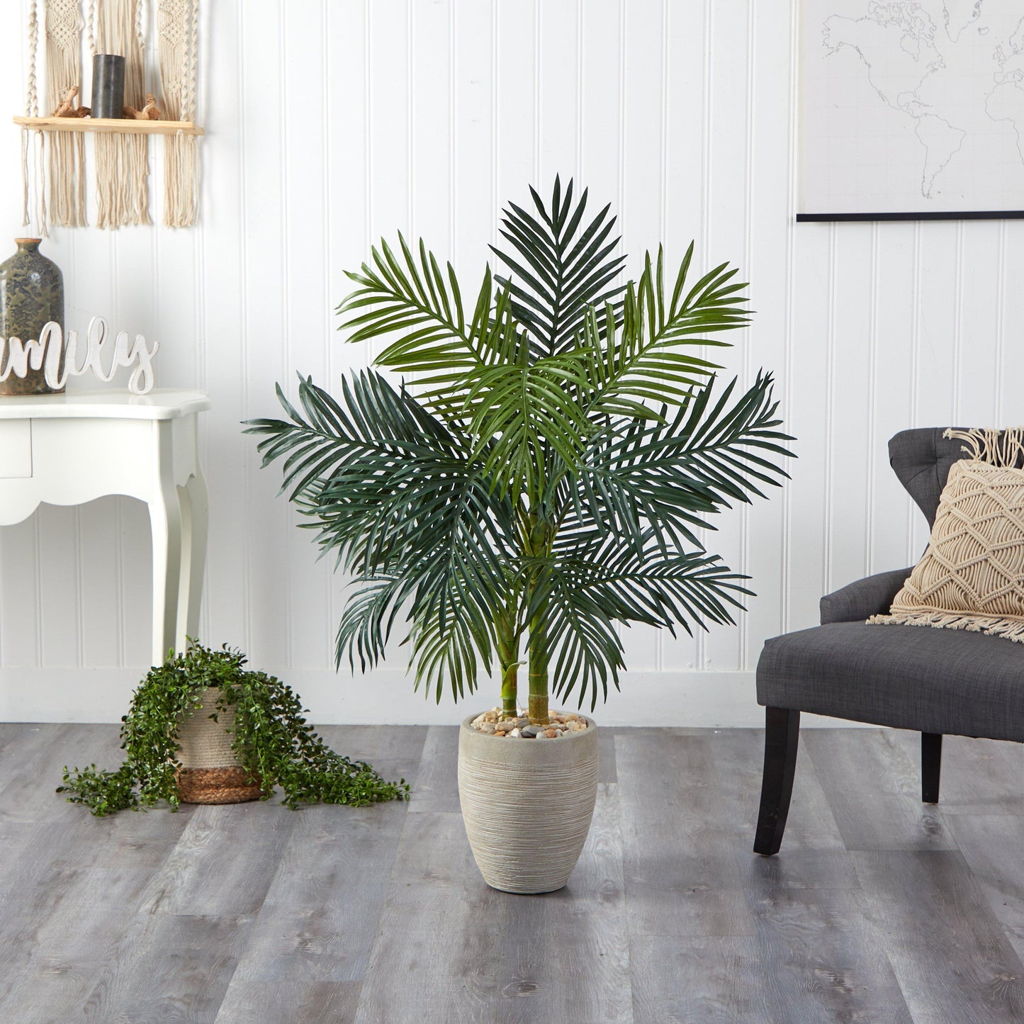 4.5’ Golden Cane Palm artificial tree in oval planter by Nearly Natural with pebble top on Tampa Home & Garden Store