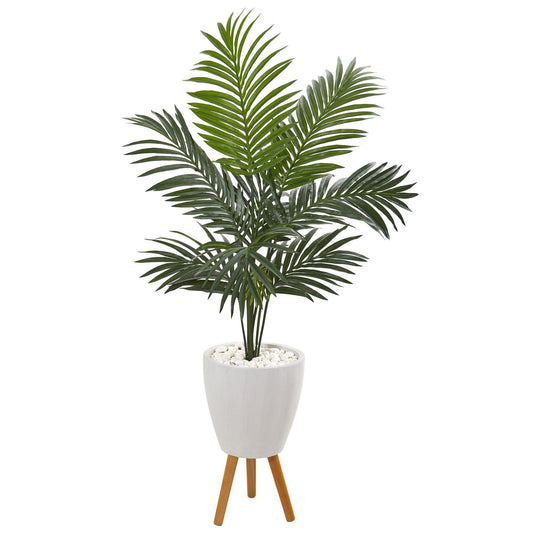 4.5’ Kentia Artificial Palm Tree in White Planter with Legs - Tampa Home & Garden Store