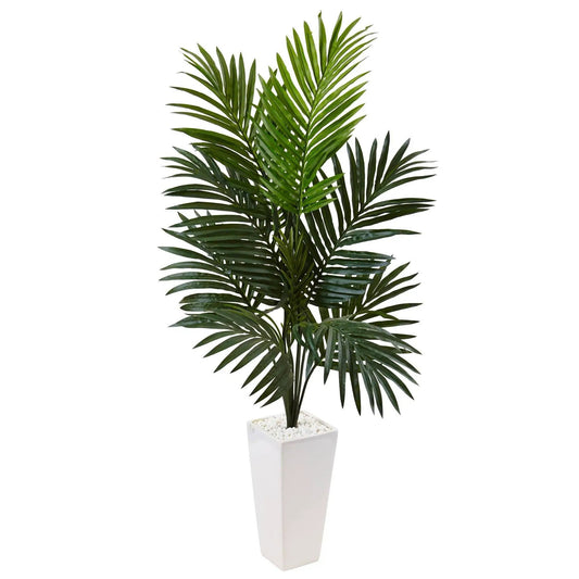 Kentia Palm Tree in White Tower Planter; green artificial fronds with white decorative stones on Tampa Home & Garden Store