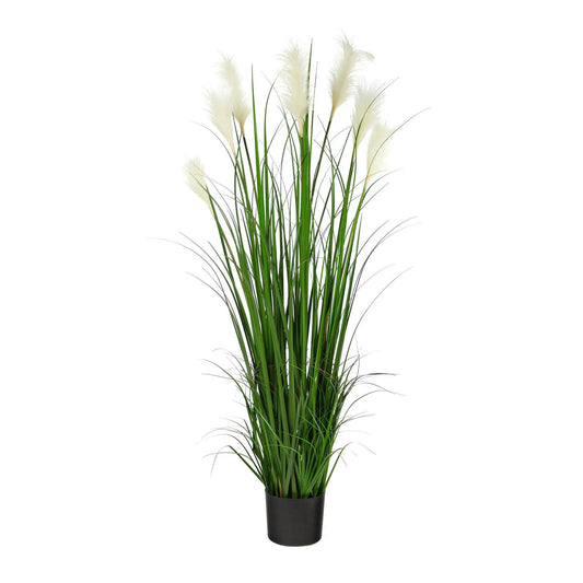 Artificial plum grass plant with creamy plumes in a black pot on Tampa Home & Garden Store