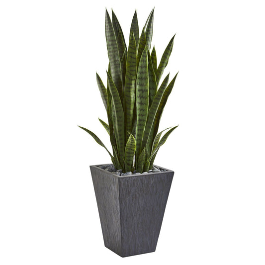 45in Sansevieria artificial plant in square stone-gray planter with pebbles Nearly Natural on Tampa Home & Garden Store