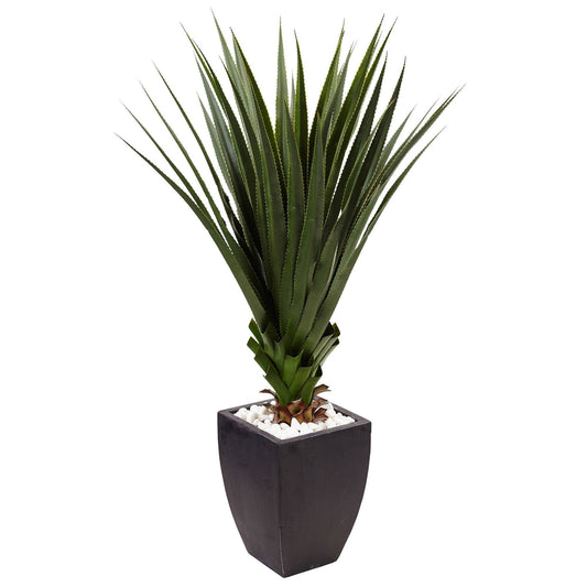 4.5ft spiked agave in black planter with white stones, Nearly Natural artificial non-flowering plant on Tampa Home & Garden Store