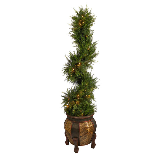 4.5’ Spiral Cypress Artificial Tree in Decorative Planter with 80 Clear LED Lights (Indoor/Outdoor) - Tampa Home & Garden Store