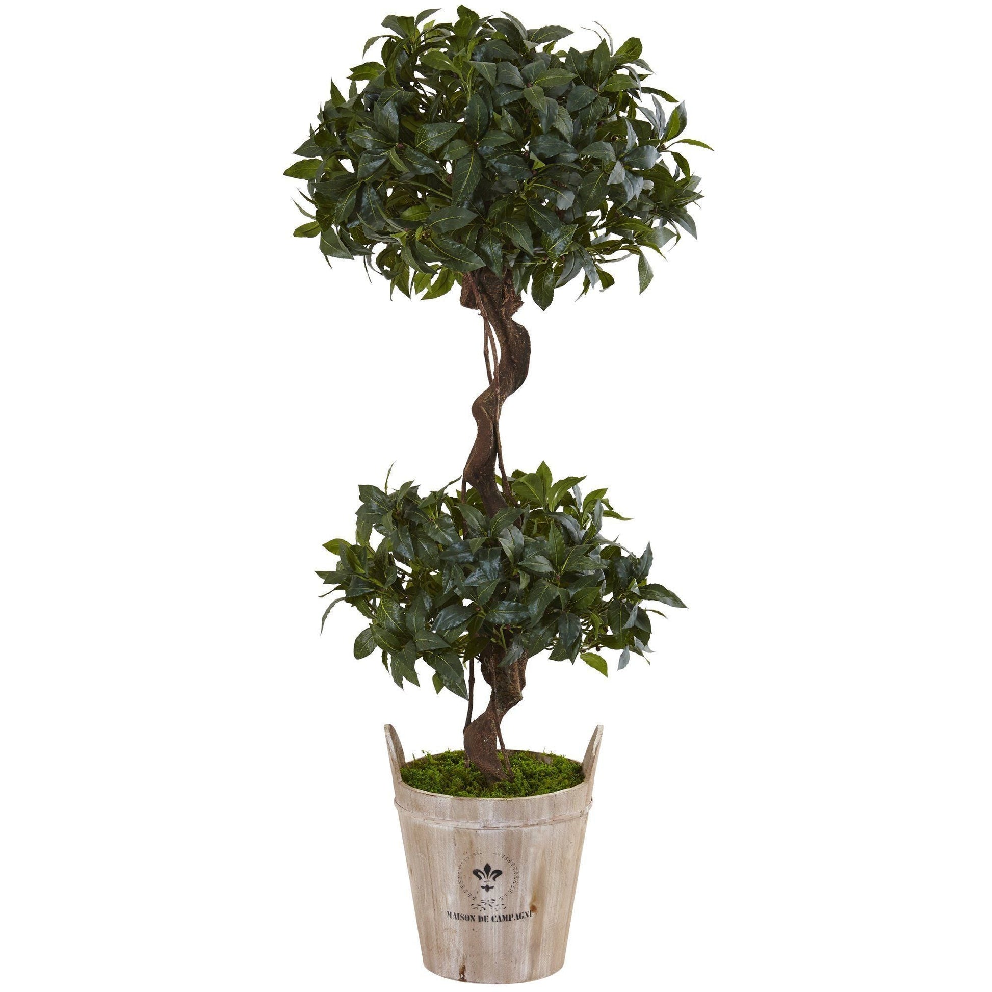 Nearly Natural 4.5’ Sweet Bay Double Topiary in rustic farmhouse planter with twisted trunk and dark green leaves on Tampa Home & Garden Store