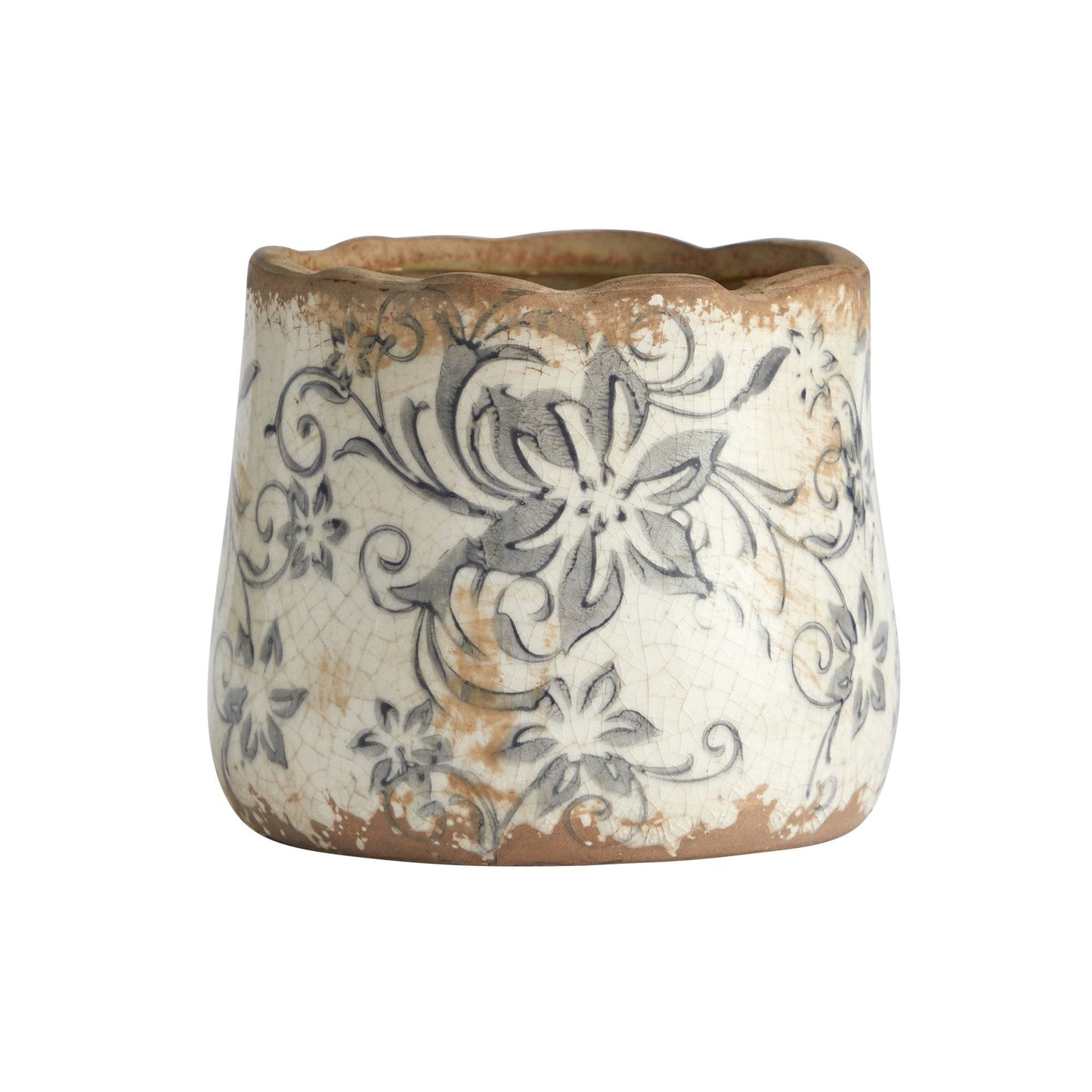 4.5-inch Tuscan Ceramic Gray Scroll Planter by Nearly Natural with crackled glaze finish on Tampa Home & Garden Store