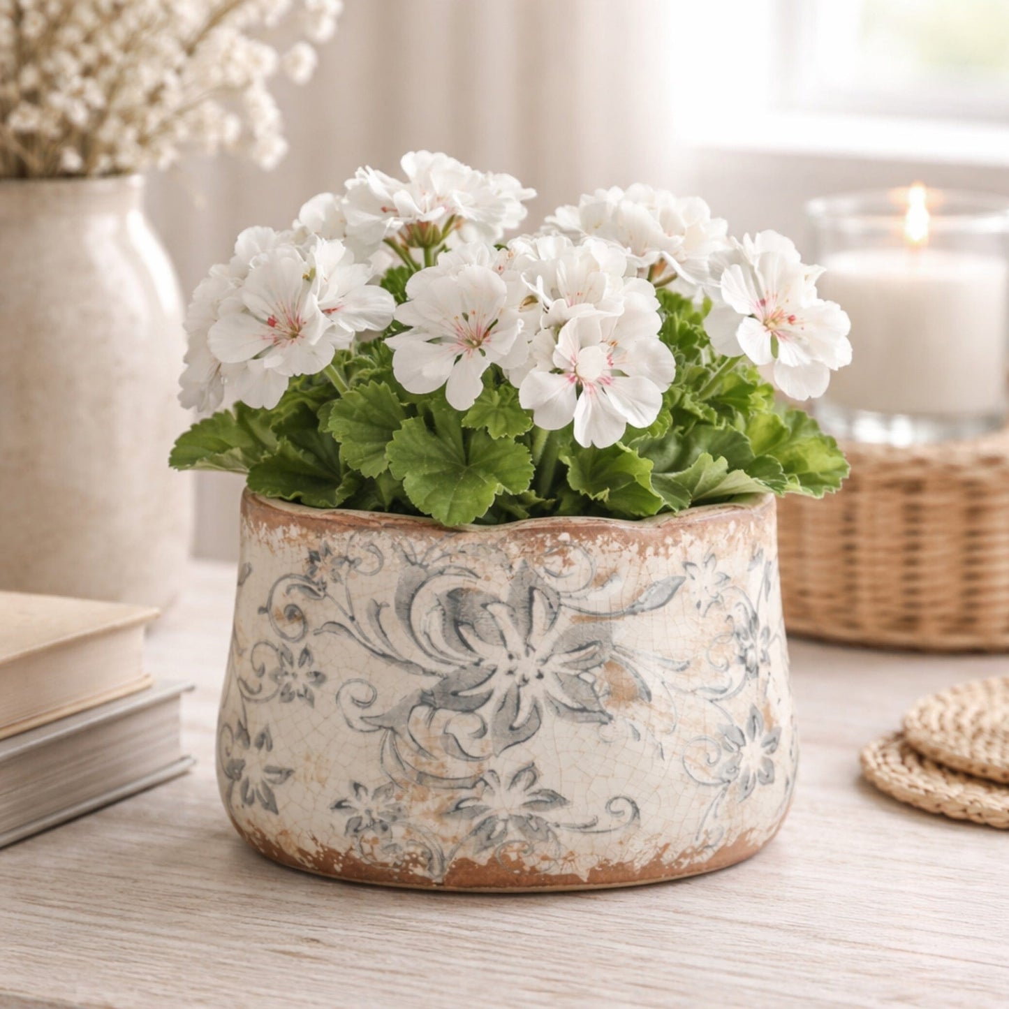 4.5” Tuscan ceramic gray scroll planter with white geraniums by Nearly Natural on Tampa Home & Garden Store