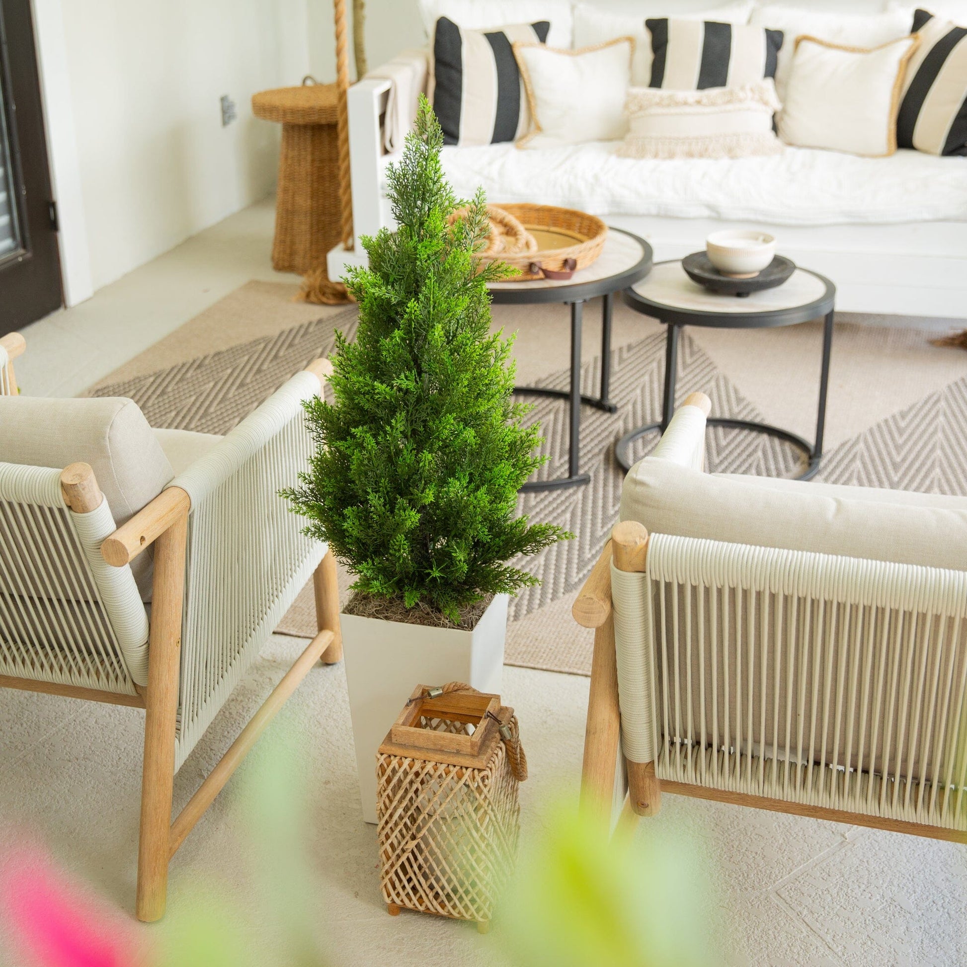 45in UV resistant artificial cedar tree in white tower planter for indoor outdoor use on Tampa Home & Garden Store