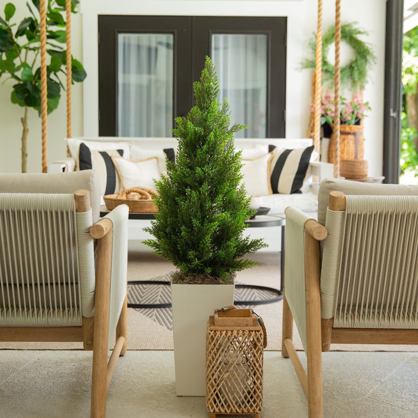 Artificial cedar tree in a white square planter, 45in, UV resistant for indoor/outdoor use on Tampa Home & Garden Store