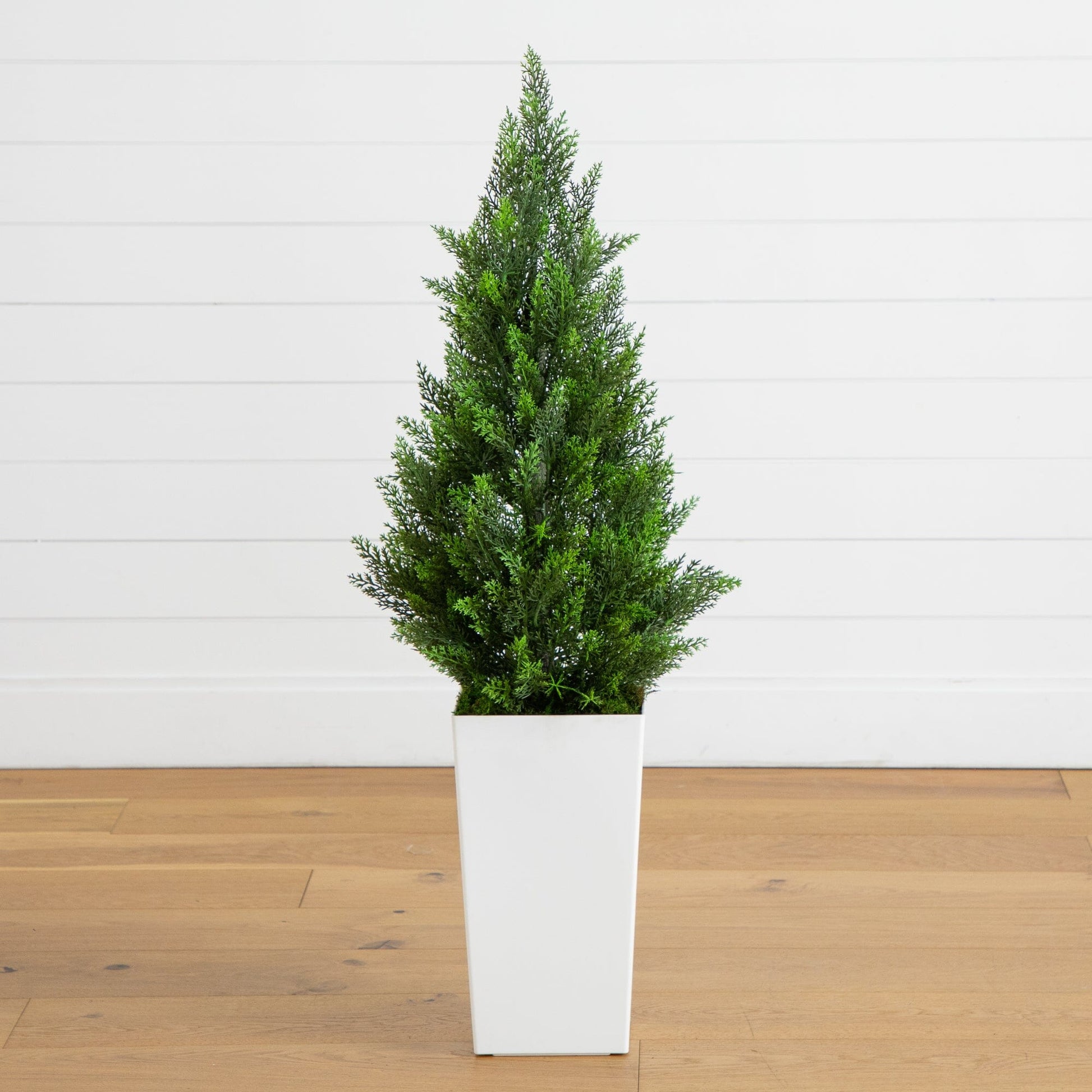 Artificial cedar tree in white tower planter, 45in UV resistant, Nearly Natural indoor/outdoor on Tampa Home & Garden Store