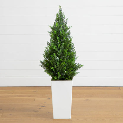Artificial cedar tree in white tower planter, 45in UV resistant, Nearly Natural indoor/outdoor on Tampa Home & Garden Store