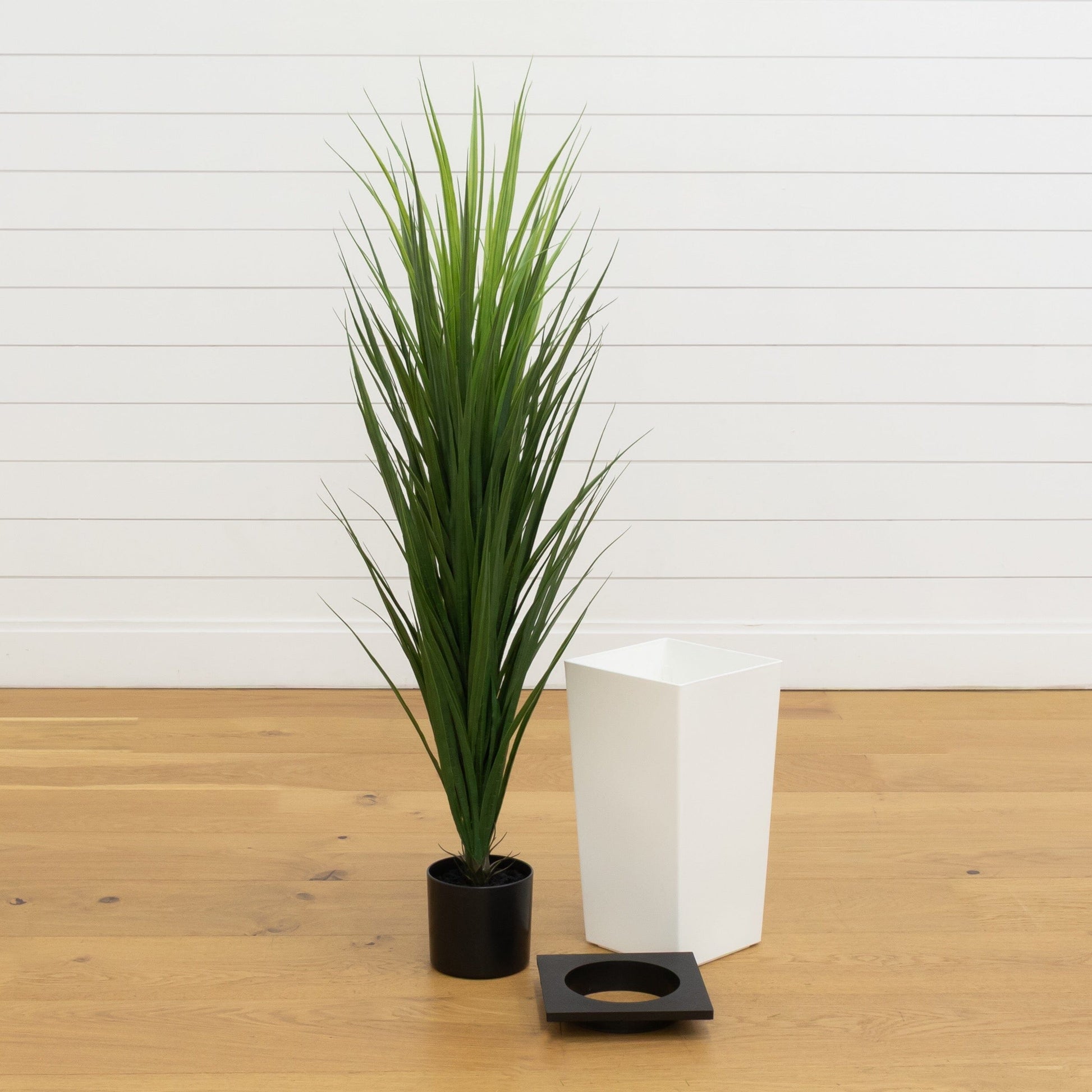 Artificial grass plant in white tower planter, 4.5’ UV resistant, Nearly Natural on Tampa Home & Garden Store