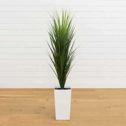 Artificial grass plant in white planter with green foliage, Nearly Natural, UV resistant on Tampa Home & Garden Store
