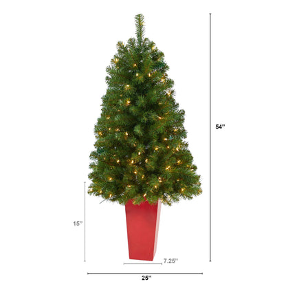 Nearly Natural 4.5ft Virginia Fir artificial Christmas tree in red planter with 100 lights on Tampa Home & Garden Store