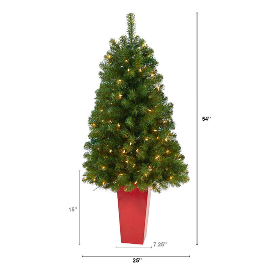 Nearly Natural 4.5ft Virginia Fir artificial Christmas tree in red planter with 100 lights on Tampa Home & Garden Store