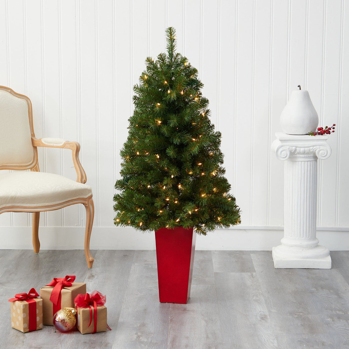 Nearly Natural 4.5' Virginia Fir artificial Christmas tree with 100 clear lights in a red planter on Tampa Home & Garden Store