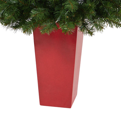 Nearly Natural 4.5 ft Virginia Fir artificial Christmas tree with 100 clear lights, red planter on Tampa Home & Garden Store