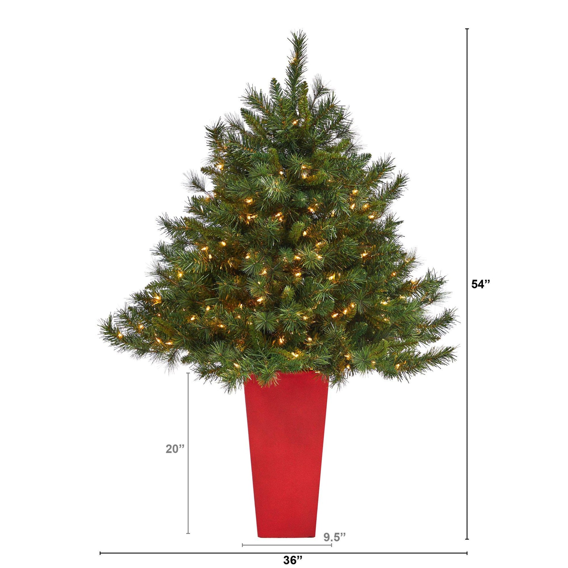 Nearly Natural 4.5 ft Wyoming Pine Christmas tree in a red tower planter with 250 clear lights on Tampa Home & Garden Store