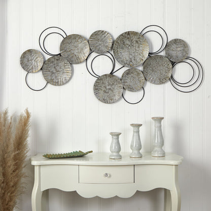 Galvanized embossed metal discs wall art by Nearly Natural; circles linked by black rings on Tampa Home & Garden Store