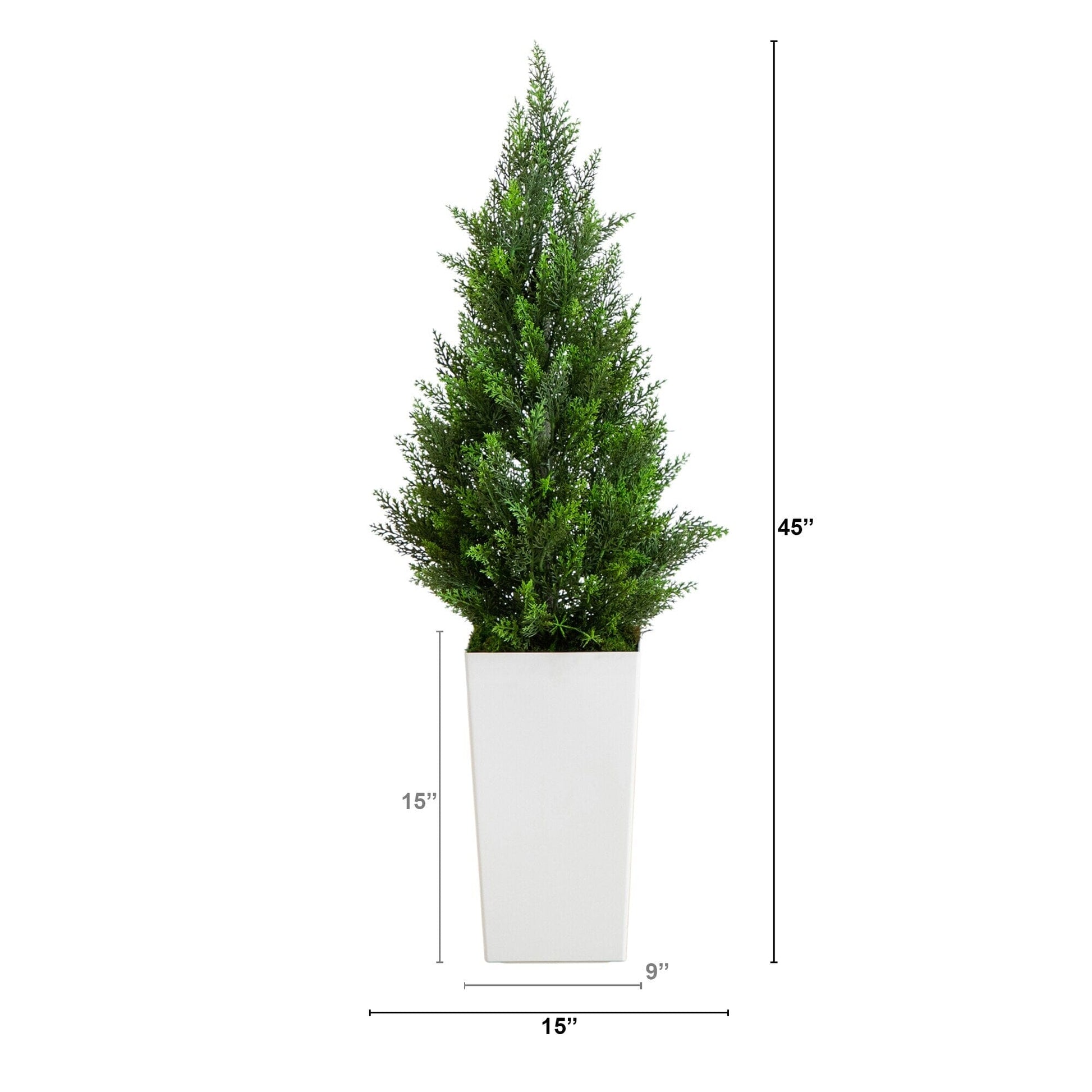 Artificial cedar tree in white tower planter, 45in UV resistant, Nearly Natural on Tampa Home & Garden Store