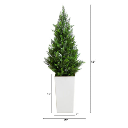 Artificial cedar tree in white tower planter, 45in UV resistant, Nearly Natural on Tampa Home & Garden Store