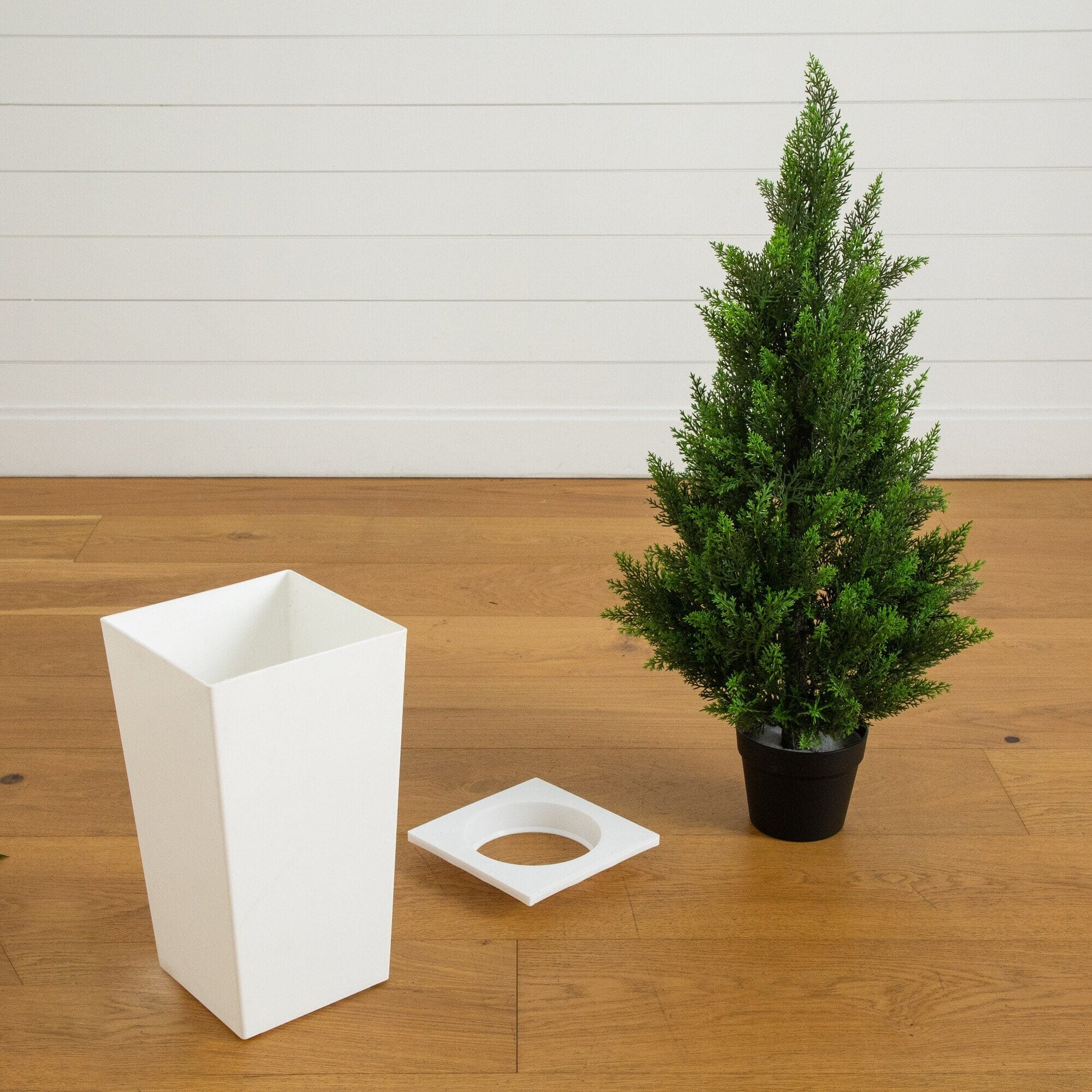 Artificial cedar tree in white tower planter, 45in, UV-resistant, Nearly Natural, indoor/outdoor on Tampa Home & Garden Store