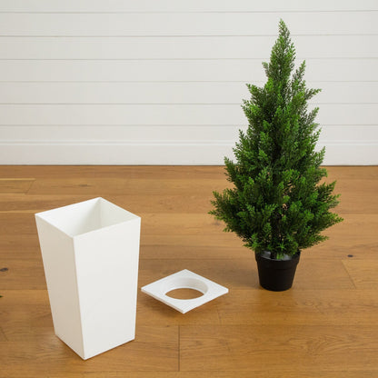 Artificial cedar tree in white tower planter, 45in, UV-resistant, Nearly Natural, indoor/outdoor on Tampa Home & Garden Store