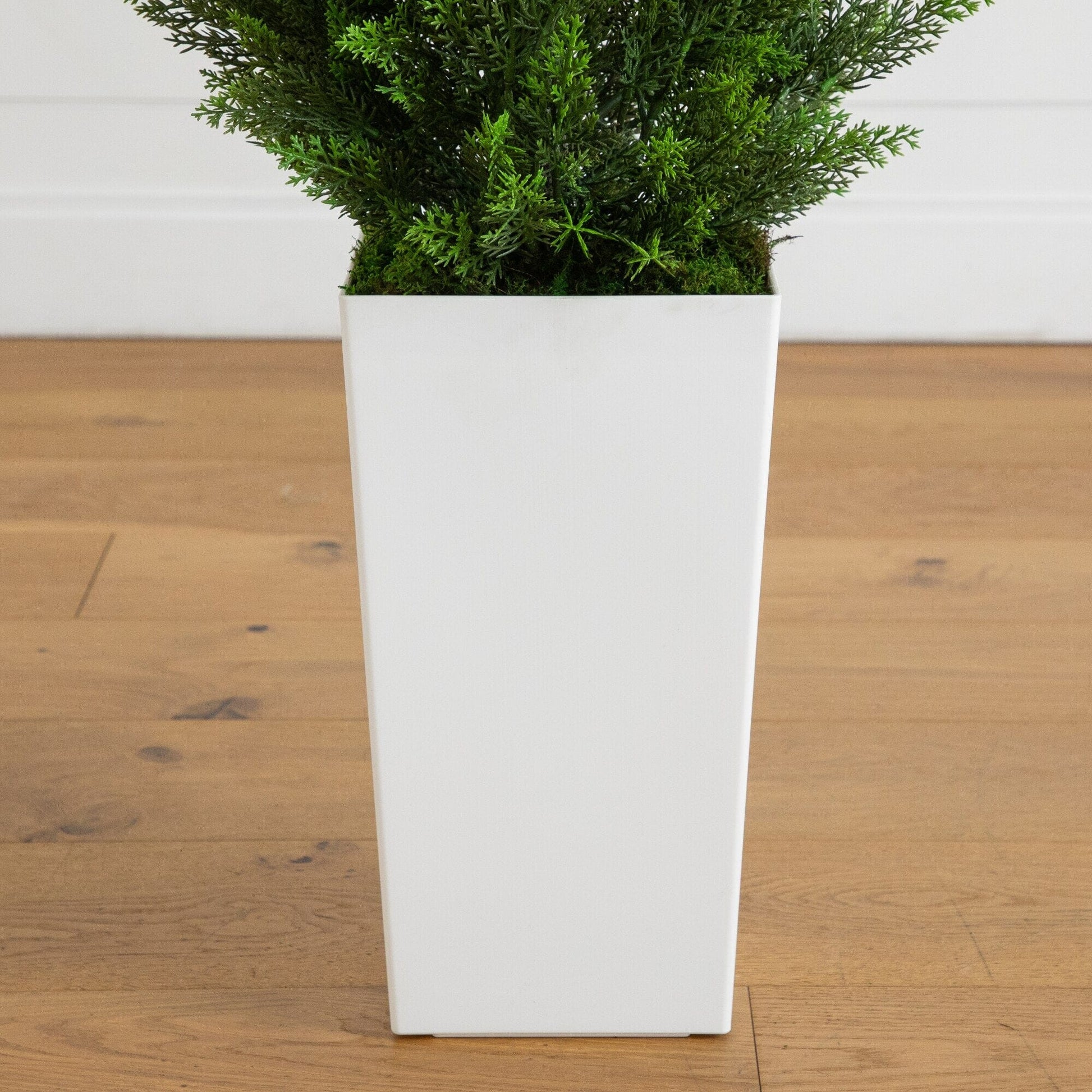 Artificial cedar tree in white tower planter, 45-in tall, indoor/outdoor on Tampa Home & Garden Store