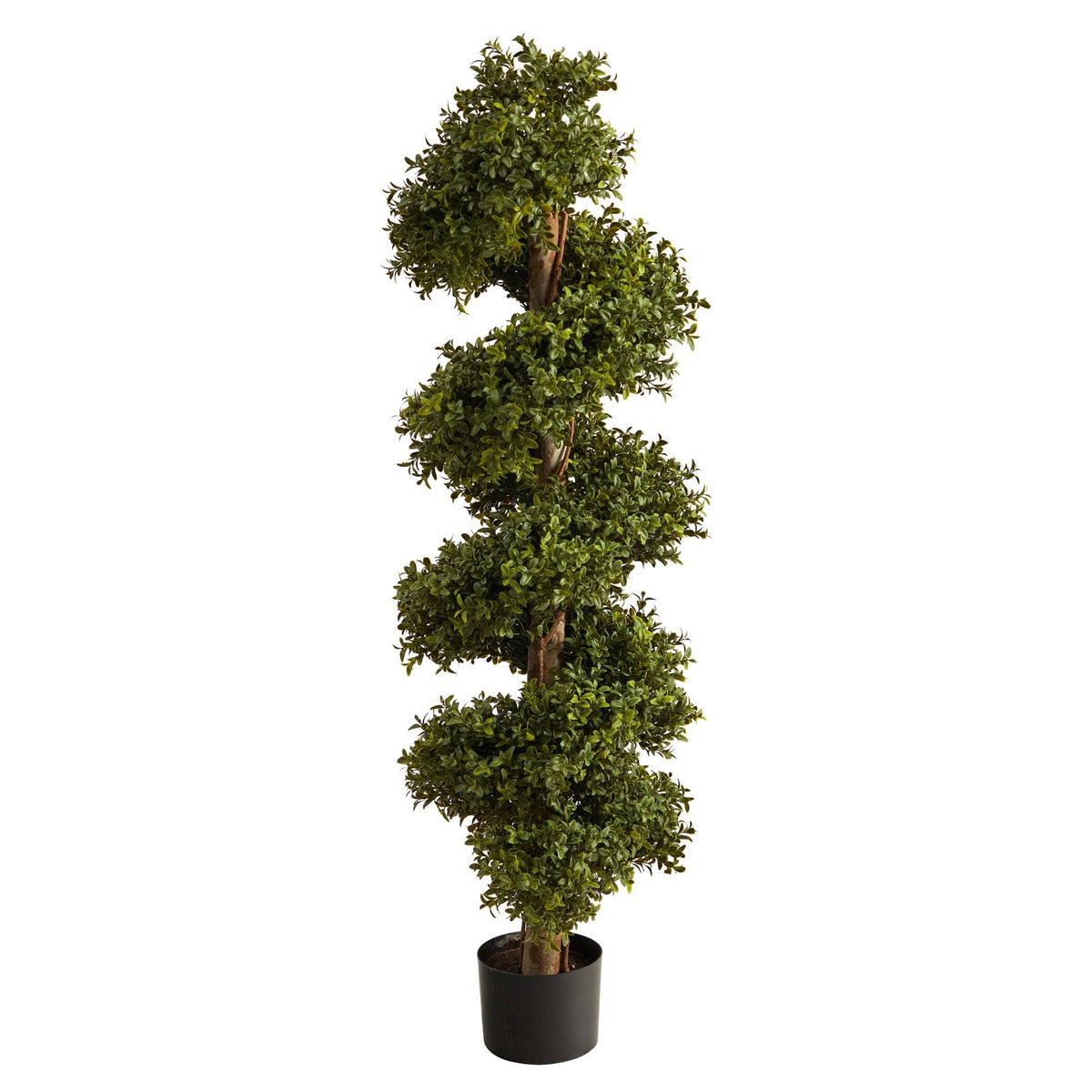 Boxwood Topiary Spiral Artificial Tree by Nearly Natural in black planter with green leaves on Tampa Home & Garden Store