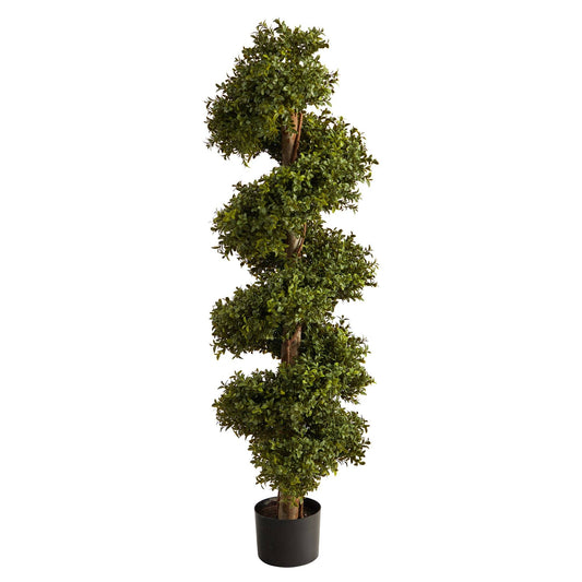Boxwood Topiary Spiral Artificial Tree by Nearly Natural in black planter with green leaves on Tampa Home & Garden Store