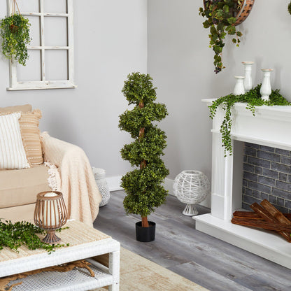 Boxwood Topiary Spiral artificial tree, 46 in, Nearly Natural, indoor/outdoor, black pot on Tampa Home & Garden Store