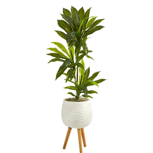 Dracaena artificial plant with green leaves in a white textured planter on a tripod stand on Tampa Home & Garden Store