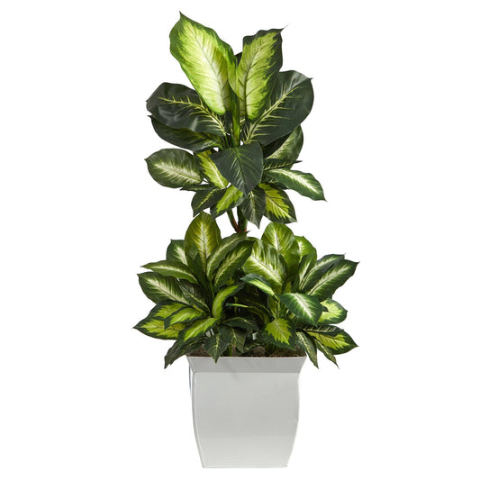 46” Golden Dieffenbachia Artificial Plant in White Metal Planter - Tampa Home & Garden Store