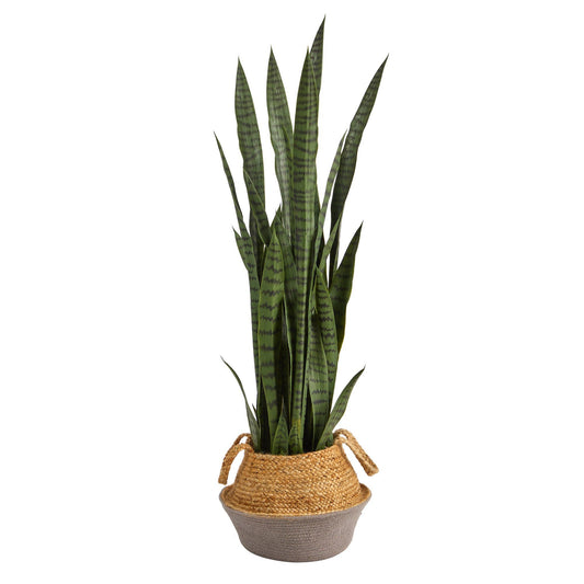46” Sansevieria Artificial Plant in Boho Chic Handmade Cotton & Jute Gray Woven Planter - Tampa Home & Garden Store
