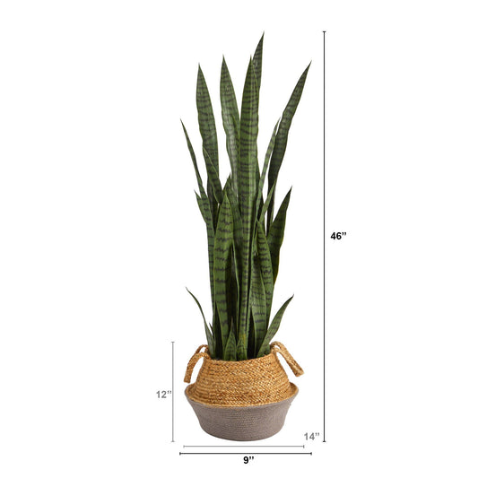 46” Sansevieria Artificial Plant in Boho Chic Handmade Cotton & Jute Gray Woven Planter - Tampa Home & Garden Store