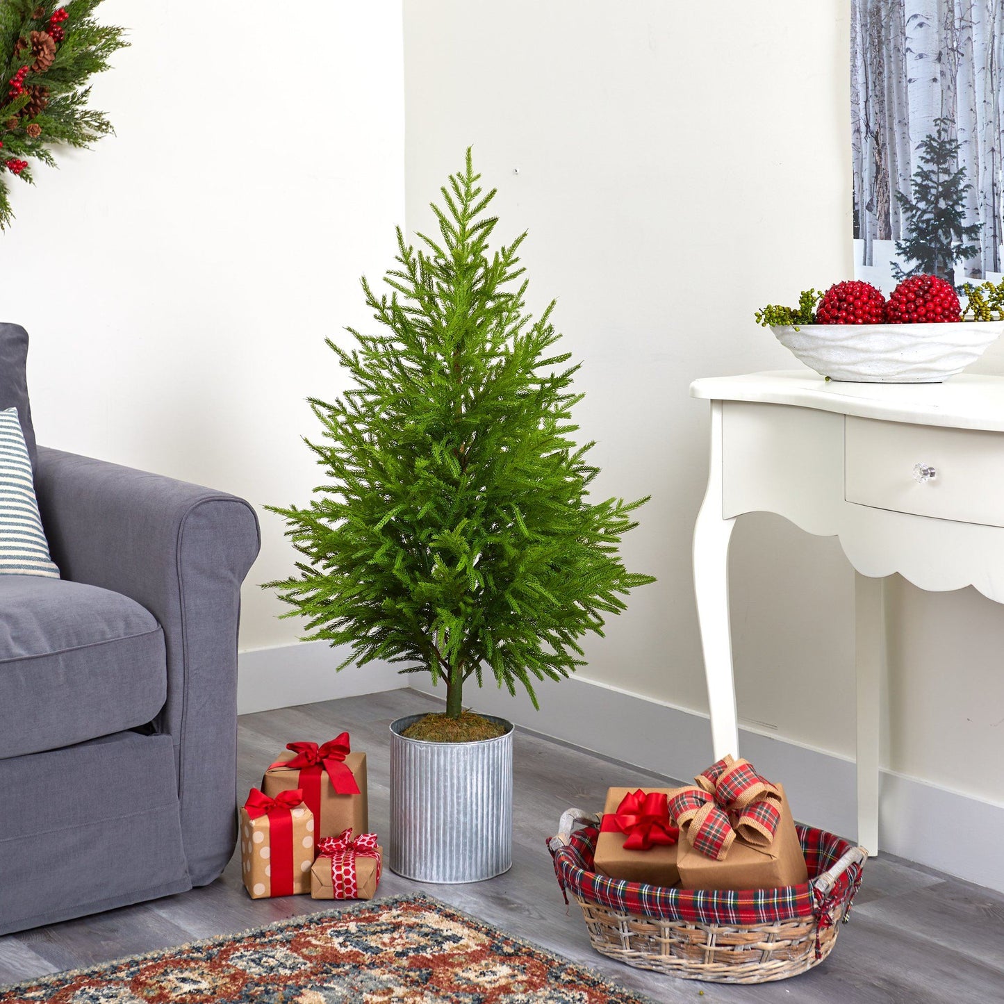 49in Norfolk Island Pine artificial Christmas tree by Nearly Natural, green needles in metal planter on Tampa Home & Garden Store