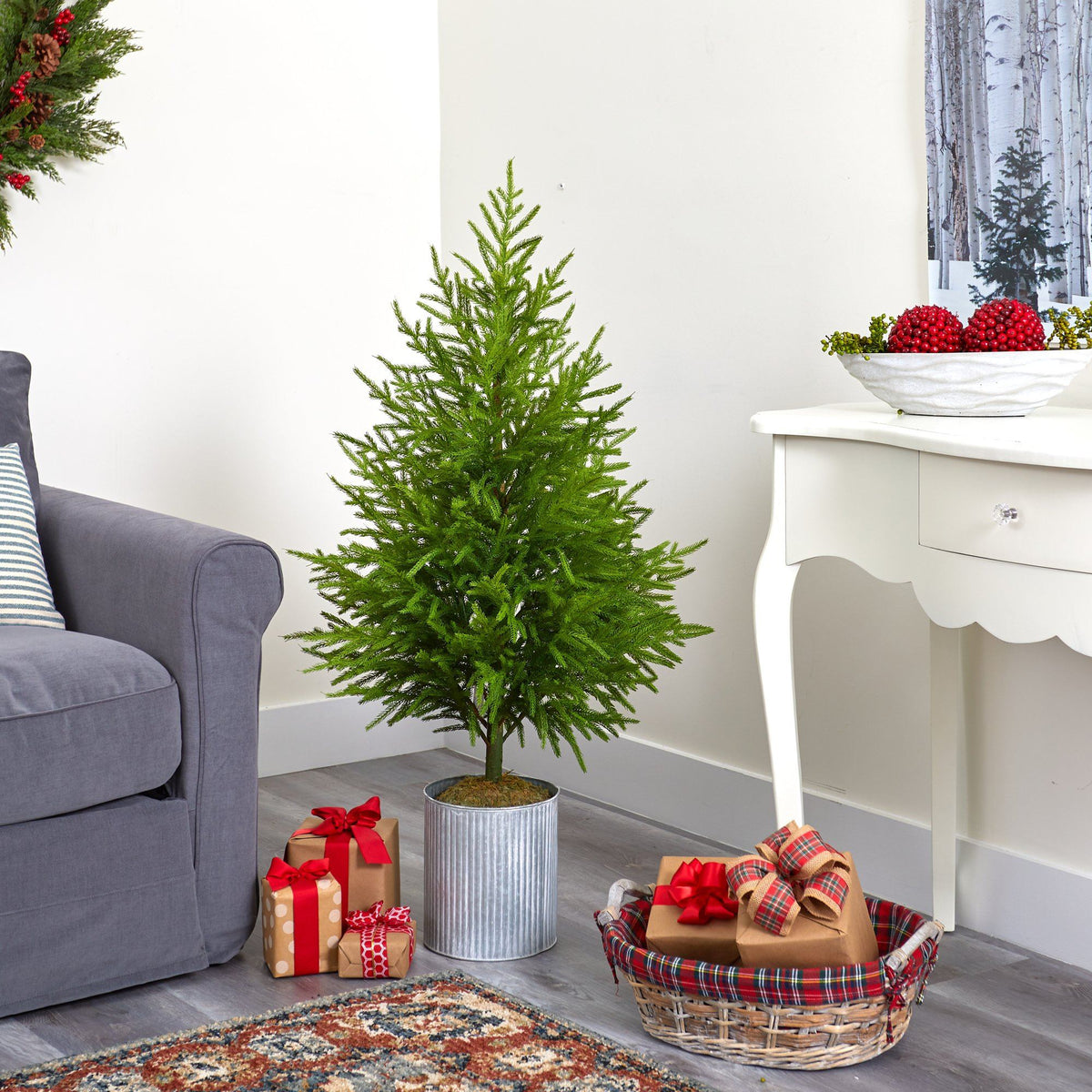 49in Norfolk Island Pine artificial Christmas tree by Nearly Natural, green needles in metal planter on Tampa Home & Garden Store
