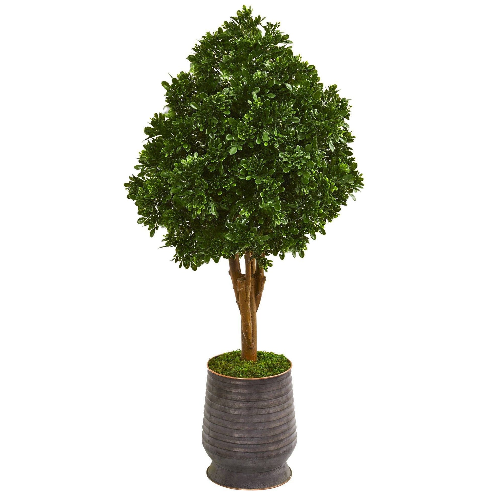 49in Tea Leaf Artificial Tree in ribbed metal planter with brown trunk and green foliage on Tampa Home & Garden Store