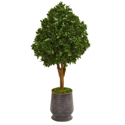 49in Tea Leaf Artificial Tree in ribbed metal planter with brown trunk and green foliage on Tampa Home & Garden Store