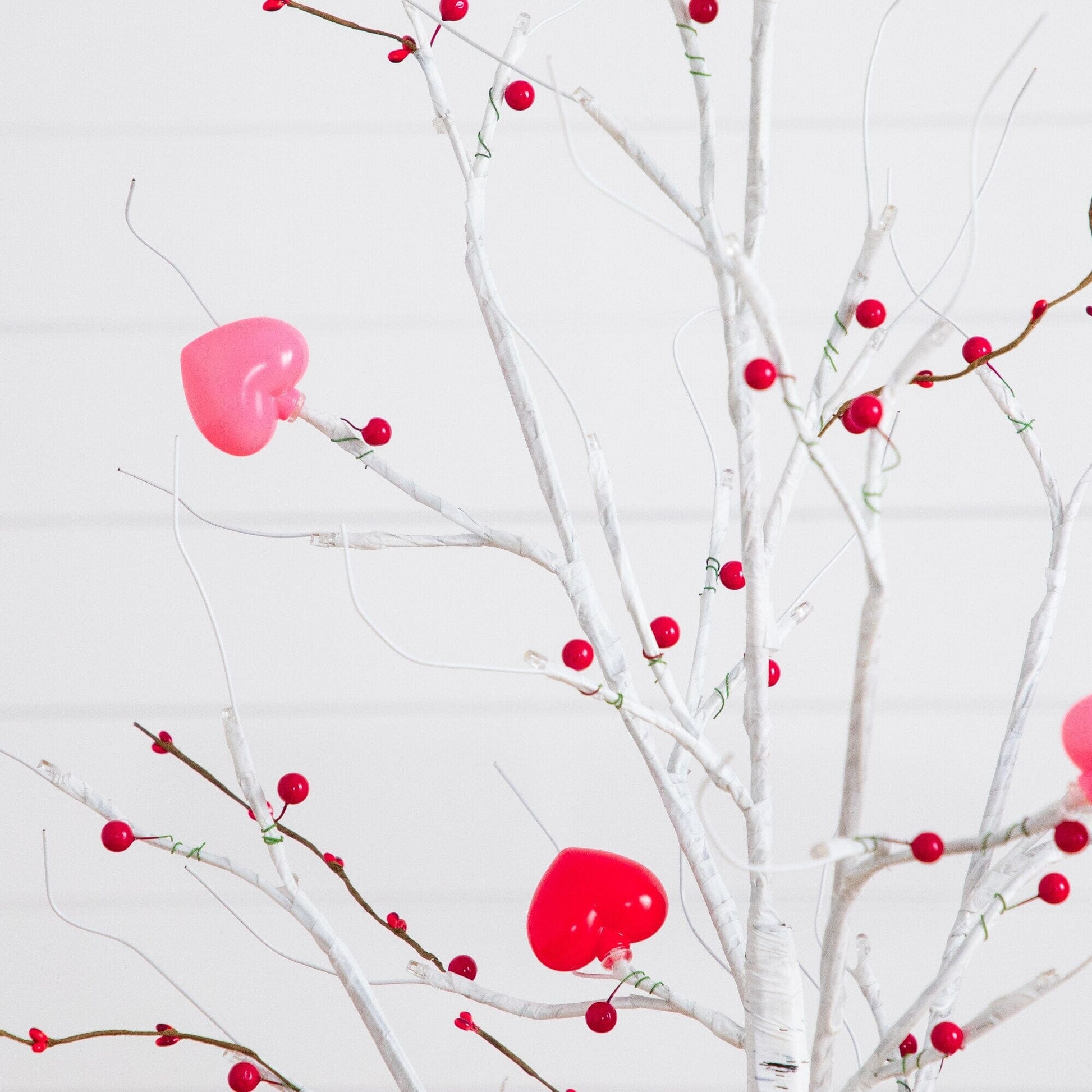 Valentine Twig Tree, 4' white, Nearly Natural, pre-lit with 48 heart LED lights and red berries on Tampa Home & Garden Store