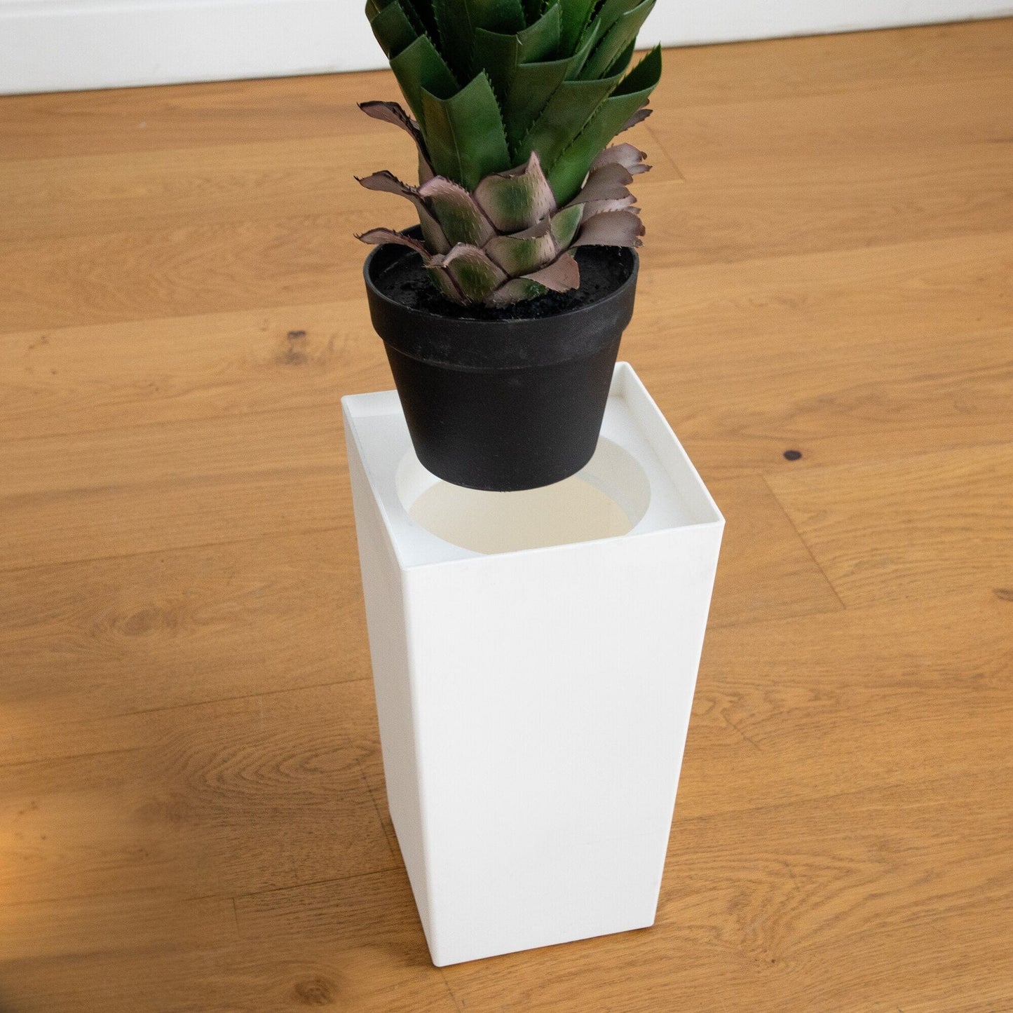 Artificial spiked agave plant in black pot on white display stand, UV resistant, Nearly Natural on Tampa Home & Garden Store