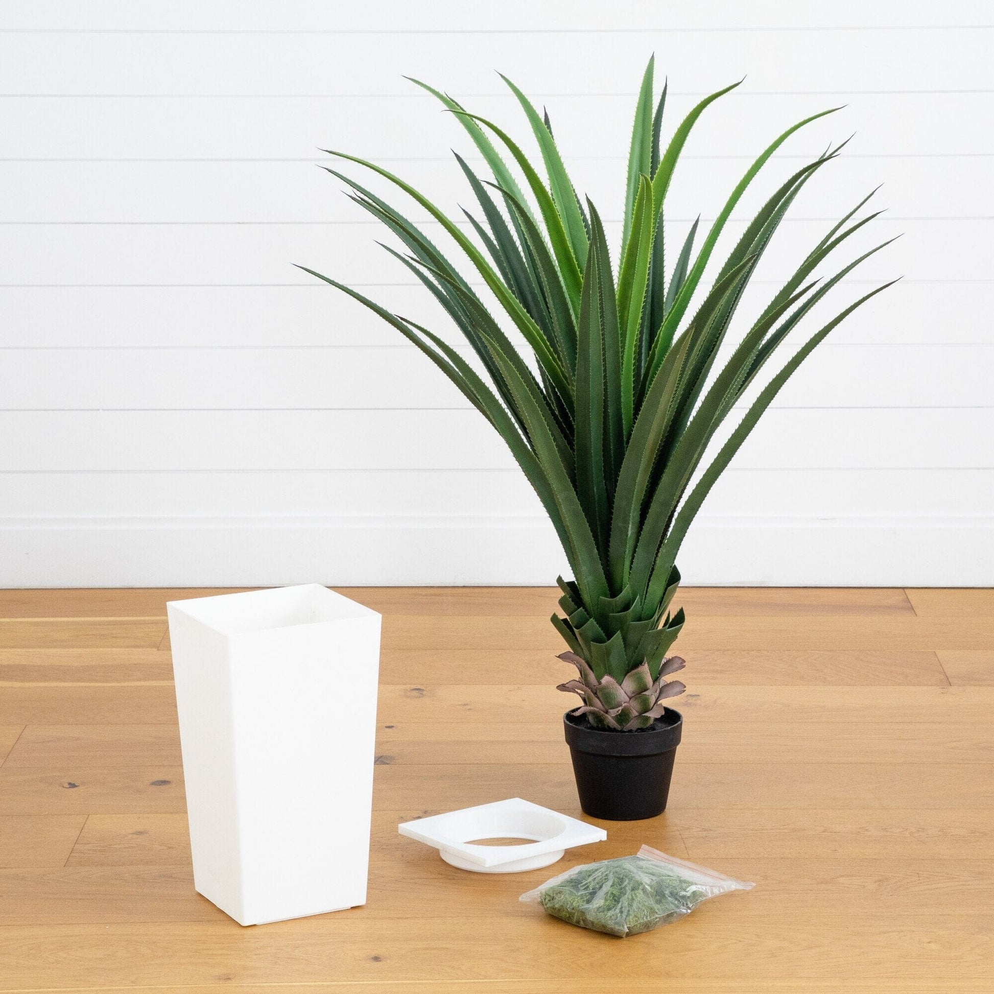 4ft UV resistant artificial spiked agave plant in white tower planter by Nearly Natural on Tampa Home & Garden Store
