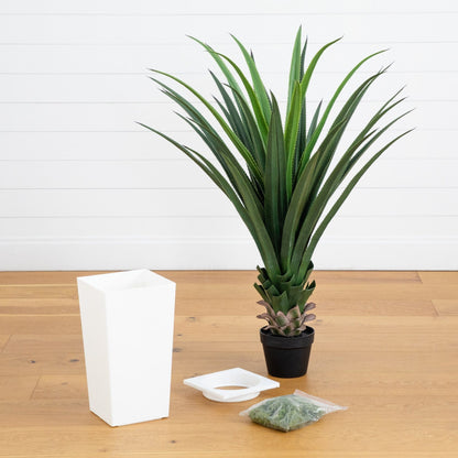 4ft UV resistant artificial spiked agave plant in white tower planter by Nearly Natural on Tampa Home & Garden Store