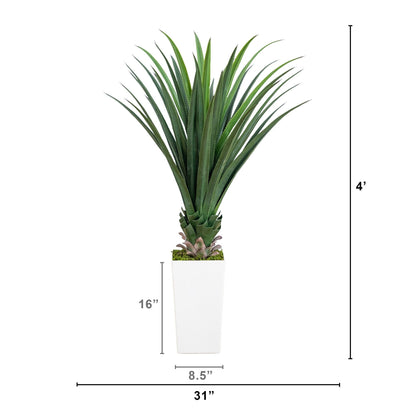 Artificial spiked agave plant in a white tower planter, 4 ft tall, UV resistant on Tampa Home & Garden Store