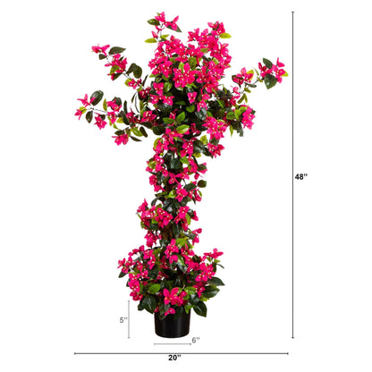 4' UV resistant artificial spiral bougainvillea tree pink blooms green leaves in black pot on Tampa Home & Garden Store