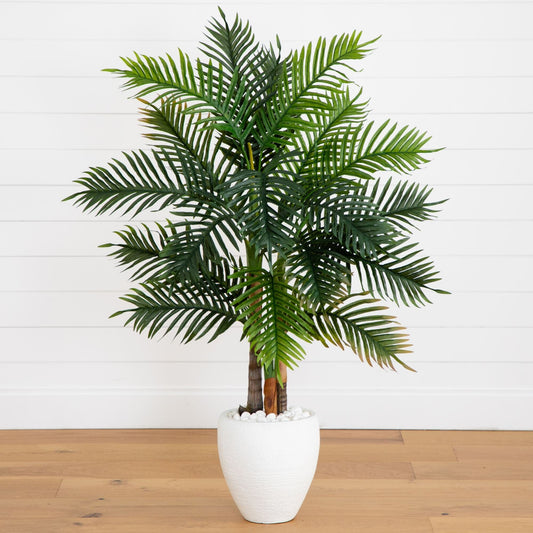 5 ft Areca Palm artificial tree in white textured planter with rocks by Nearly Natural on Tampa Home & Garden Store