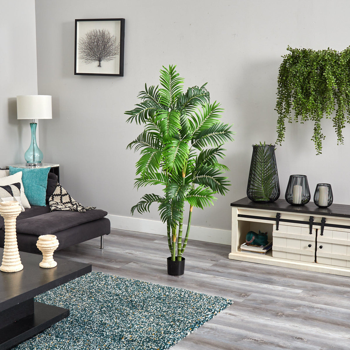 5' Areca Silk Tree by Nearly Natural in a modern living room with lush green fronds on Tampa Home & Garden Store
