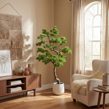 5’ Artificial Bonsai Style Cedar Tree in Decorative White Planter by Nearly Natural with lush green foliage on Tampa Home & Garden Store