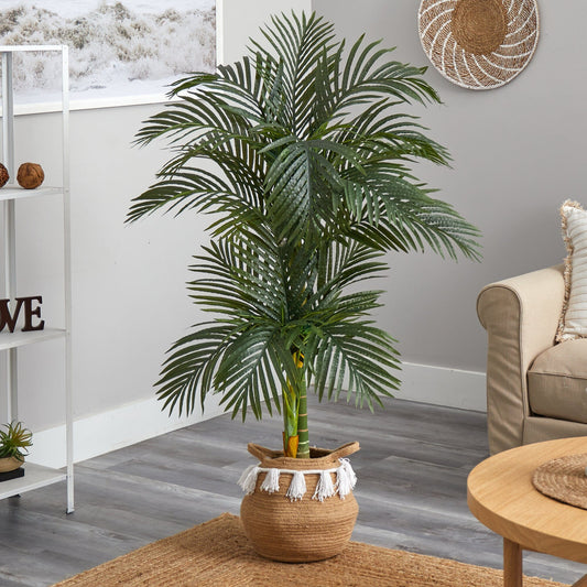 5’ artificial double-stalk Golden Cane Palm Tree in handmade woven cotton basket Nearly Natural on Tampa Home & Garden Store
