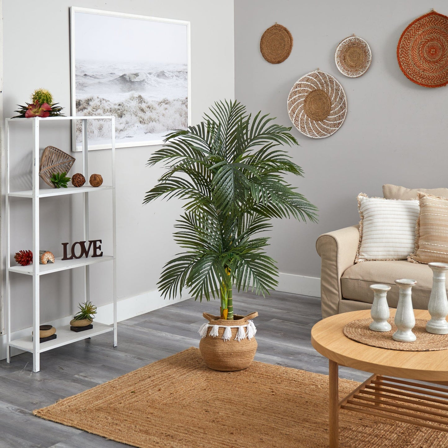 5’ Artificial Double Stalk Golden Cane Palm Tree in woven cotton basket by Nearly Natural on Tampa Home & Garden Store