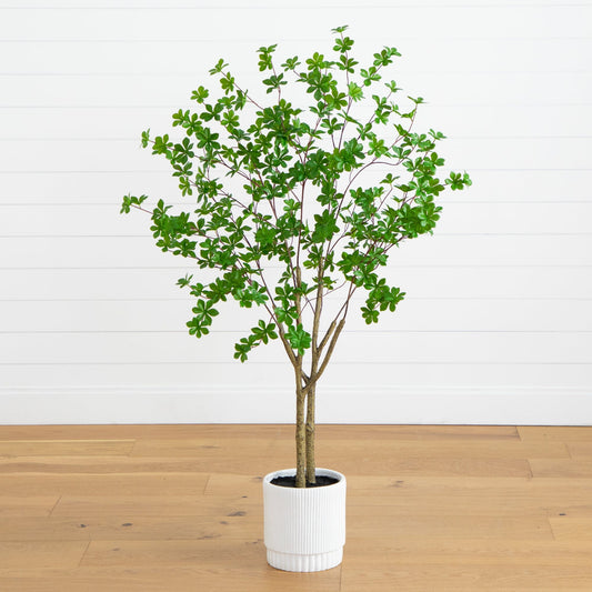 5ft artificial Enkianthus tree in white decorative planter with green leaves on Tampa Home & Garden Store